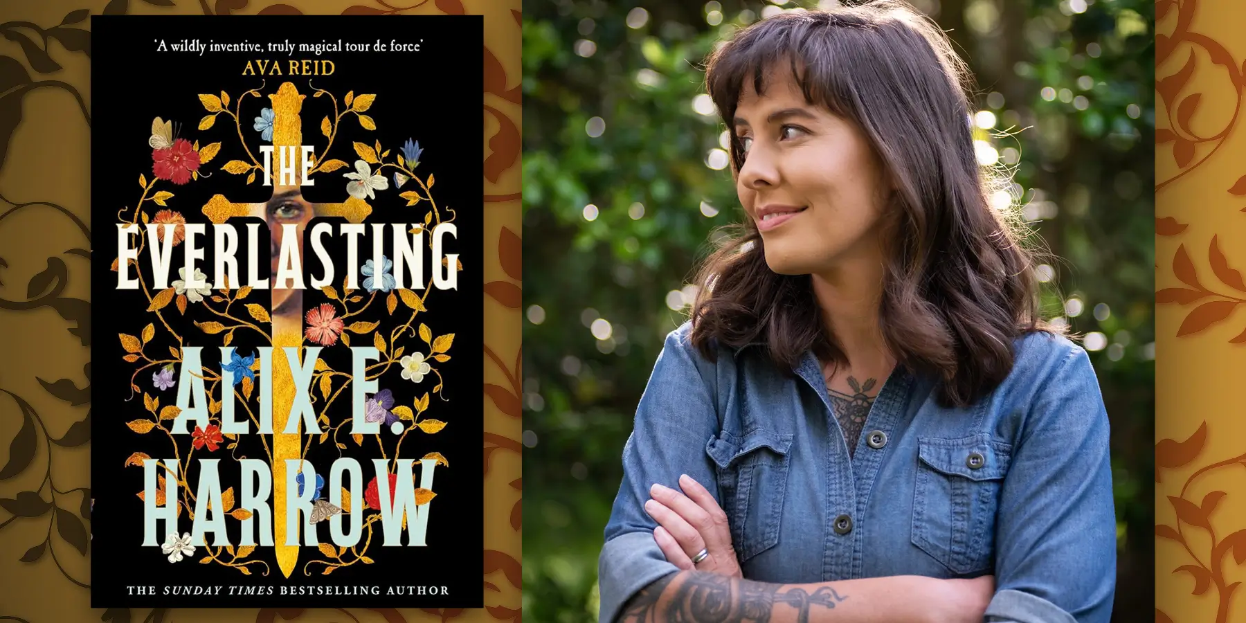 Author Alix Harrow wearing a blue chambray shirt, with the cover of the book The Everlasting.