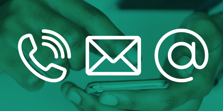 Illustrations of a phone, envelope, and at sign overlaying an image of hands holding a cell phone