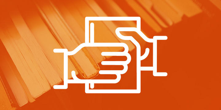 Illustration of one hand handing a book to another