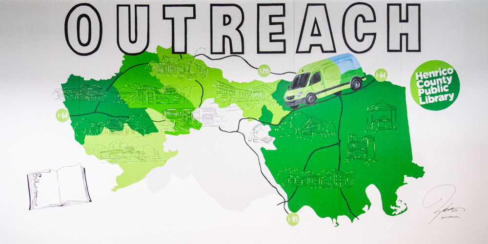 Mural on a white wall decpicting the Outreach van travelling across a green Henrico County map.