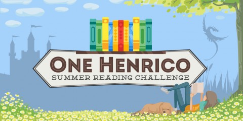 One Henrico Summer Reading Challenge logo over an illustration of a person reading next to a dog with the shadow of a castle and dragon in the background