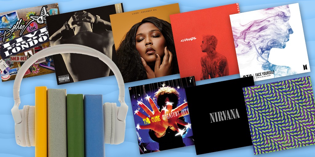 books with headphones and an array of album covers that are featured in this post