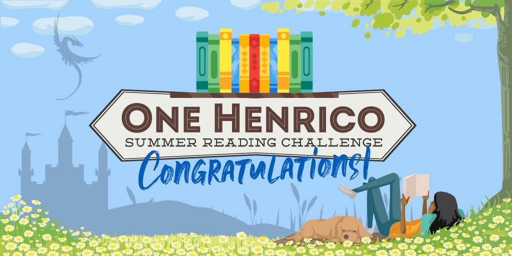 The one henrico summer reading challenge logo with congratulations! written under it with a person reading in the foreground and a castle in the background