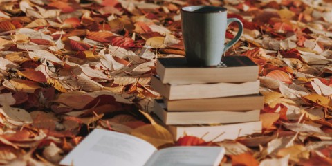a photograph of a stack of books with a mug set on top with one book open in front sitting on a leaf covered ground
