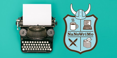 A photograph of a typewriter next to the crest shaped NaNoWriMo logo.