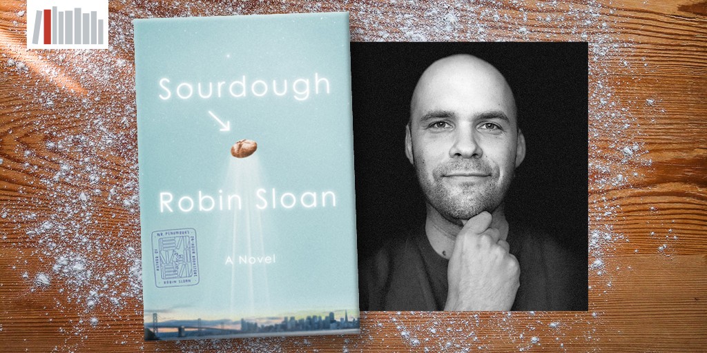 A photograph of a wooden cooking surface with a scattering of flour. A photo of Robin Sloan and the book cover for Sourdough have been photoshopped on top and the logo for All Henrico Reads is in the upper left.
