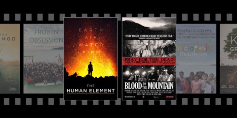 A line of movie posters styled to appear like a film strip. The outer posters are cropped so their content is obscured, but the two in the center The Human Element and Blood on the Mountain are highlighted.