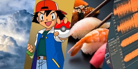 A photocollage of four images, thunder clouds, ash from Pokemon, sushi, and a sound mixing program.