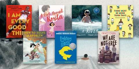 The book covers for the titles featured in this post over the top of a watercolor from I Talk Like a River showing a young child swimming in a large body of water.