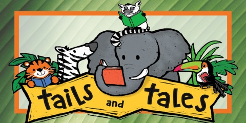 A cute illustration of a tiger zebra, elephant, lemur, and toucan reading books over a banner that says "tails and tales"