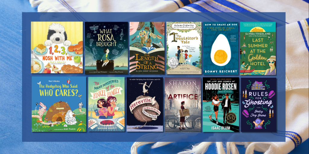 A grid of twelve book cover images for kids, teens, and adults by and about Jewish Americans overlays a close-up photograph of a blue and white tallit.