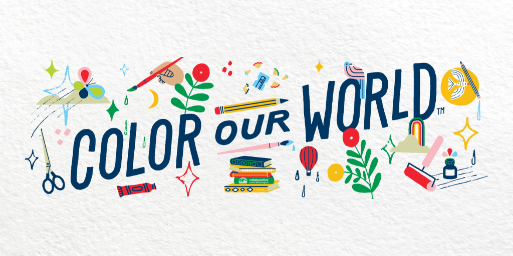 An illustrated graphic features text that reads  "Color Our World" surrounded by different art supplies, books, and doodles. 