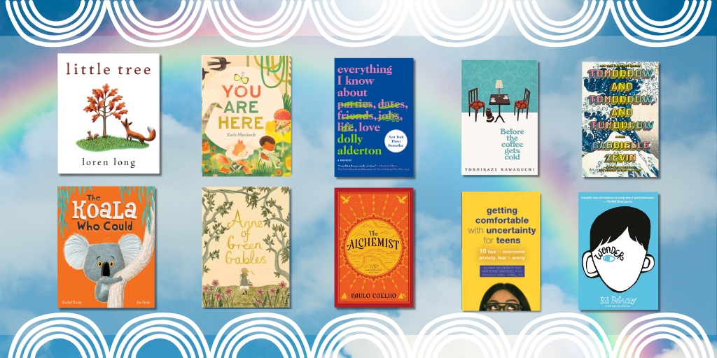 A grid of ten book cover images for kids, teens, and adults overlays a background of a partly cloudy blue sky with a rainbow.
