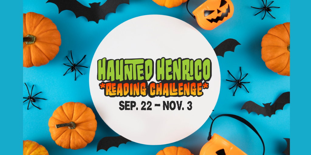Miniature pumpkins, small paper bats, plastic spiders, and pumpkin baskets overlay a bright, light blue background. Centered over the background is a white circle with text that reads, 