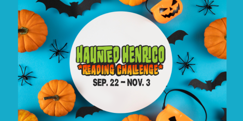 Miniature pumpkins, small paper bats, plastic spiders, and pumpkin baskets overlay a bright, light blue background. Centered over the background is a white circle with text that reads, 