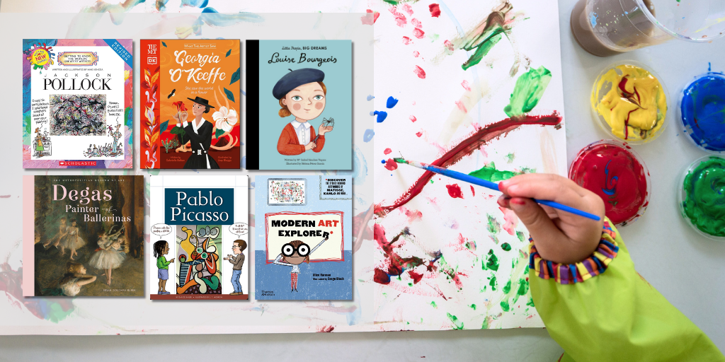 A grid of six children's books about different artists overlays a close-up photograph of a child drip painting in bright colors on a canvas. 