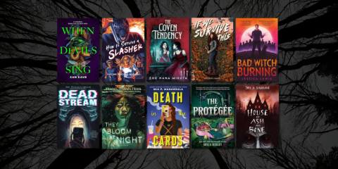 A grid of ten teen book cover images overlays a dark photograph that looks up toward the sky and features bare tree limbs.