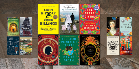 In the center of the graphic is a large grid of six book cover images. On either side of the grid are two smaller grids made up of four book cover images. Together they overlay a background photograph of several maps spread on top of one another.