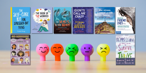 Eight book cover images about teen mental health and wellness surround five small, colorful balls, each with a different emoji/facial expression on the front.