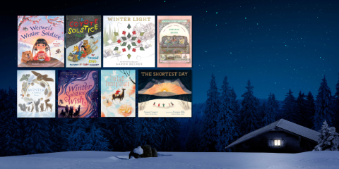A grid of children's book cover images overlays a night time winter landscape. In the bottom right corner we see a small cabin with one light on. Snow fills the foreground. In the midground we see snow-covered evergreen trees, and in the background are snow-capped mountains. A starry, deep blue-black sky fills the rest of the image.