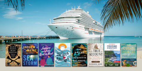 Eight book cover images overlay a background photograph of a large cruise ship docked next to a tropical beach with bright blue waters. 