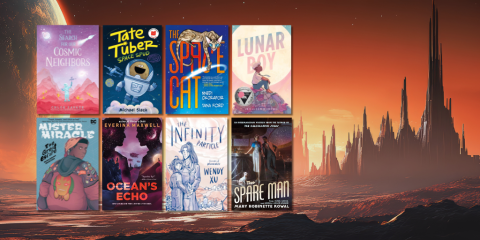 A grid of eight book cover images for kids, teens, and adults overlays a digital illustration of a desolate, red, landscape on another planet. 