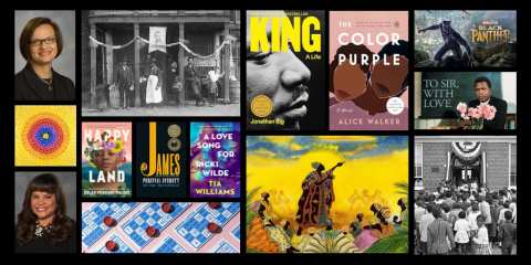 A gallery of images overlays a black background. The images include book covers, movie posters, portraits of speakers, historical photographs, and artwork. 