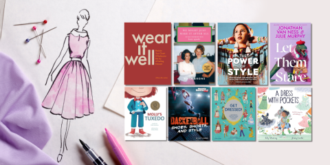 A grid of eight fashion-related book cover images overlays a photograph of a sketch of a woman wearing a pink dress.  