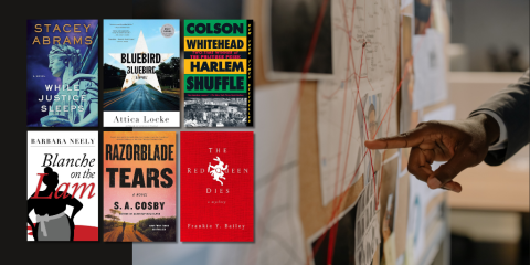 A grid of six book cover images overlays a background photograph of a hand pointing at a detail on a bulletin board. The bulletin board is full of notes, photos, and red string connecting clues.