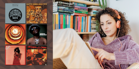 The left side of the graphic features a grid of six album covers overlaying a patterned brown background. To the right is an image of a woman curled up in a chair in front of book shelves. She wears bright orange headphones while reading a book. 