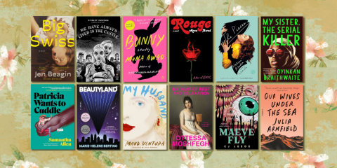 A grid of twelve book covers for stories about unconventional female protagonists overlays a pale green floral wallpaper. 