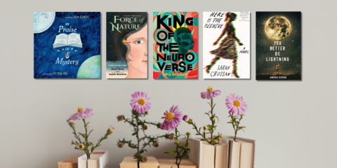 A row of five book covers overlays a close-up image of seven books sitting side-by-side, upright, against a warm gray background. Placed in the pages of four of the books are the stems of pink flowers, which stick out above the books. 