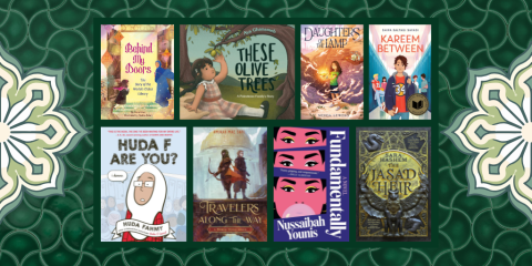 A grid of eight book cover images overlays a dark green geometric-patterned background. On either side of the grid is a half of a green and white flower. The grid features books for children, teens, and adults by Arab authors.