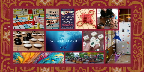 A grid of images overlays a brick red background with a gold, block-printed pattern of flowers and geometric shapes. The images feature book covers, a film poster, origami cranes, traditional board games, and examples of different artistic mediums.