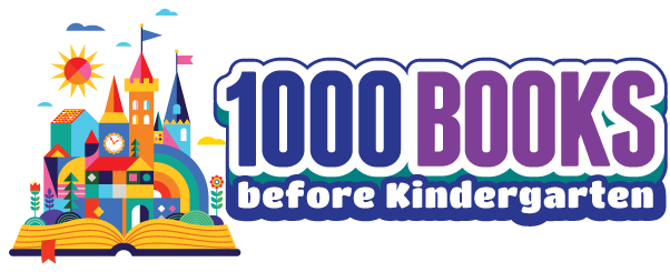 1000 Books before Kindergarten logo -- colorful castle and sun opened as a pop up from within pages of a book